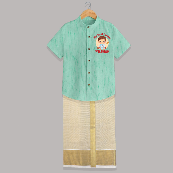 Baby's First Diwali Shirt And Dhoti | Custom Shirt And Dhoti for Little Devotees - AQUA GREEN - 0 - 6 Months Old (Chest-23") (Dhoti length-14")