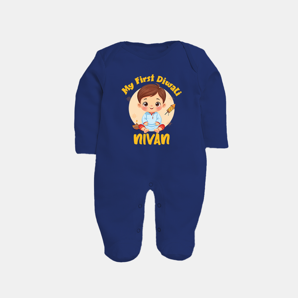Baby's First Diwali Sleep Suit | Custom Sleep Suit for Little Devotees - NAVY BLUE - New Born (Chest 7.5")