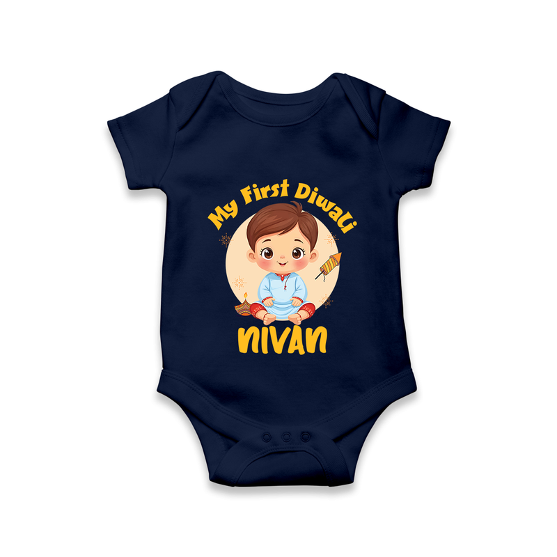 Baby's First Diwali Romper | Custom Romper for Little Devotees - NAVY BLUE - New Born (Chest 14")