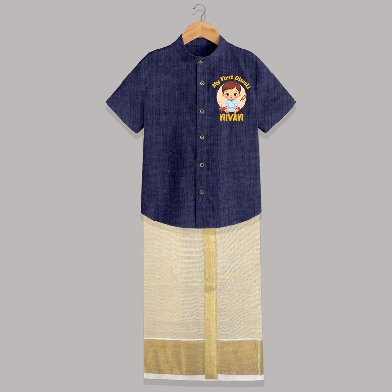 Baby's First Diwali Shirt And Dhoti | Custom Shirt And Dhoti for Little Devotees - DARK BLUE - 0 - 6 Months Old (Chest-23") (Dhoti length-14")
