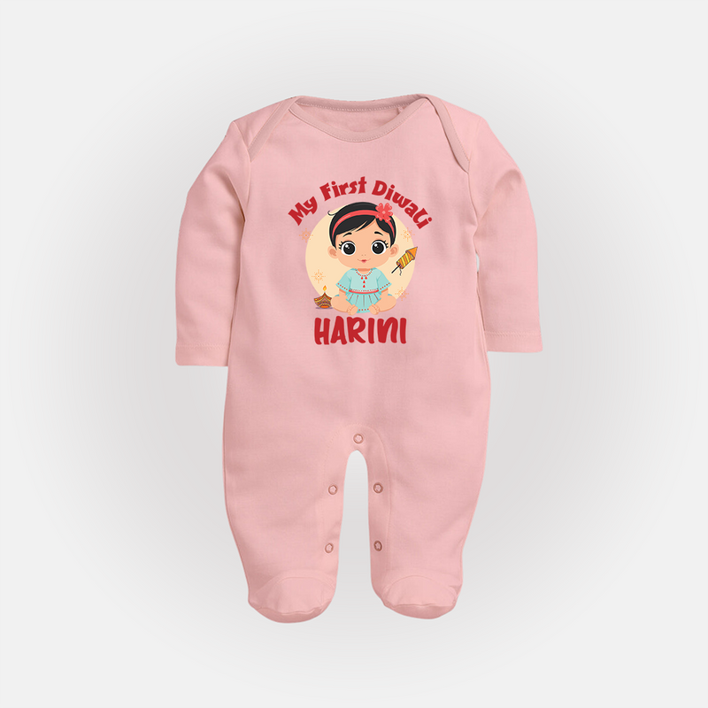 Sweet as Laddoo My First Diwali Sleep Suit | Personalized Baby Sleep Suit - BABY PINK - New Born (Chest 7.5")