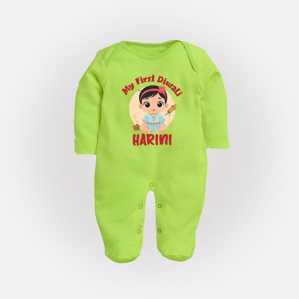 Sweet as Laddoo My First Diwali Sleep Suit | Personalized Baby Sleep Suit - LIME GREEN - New Born (Chest 7.5")