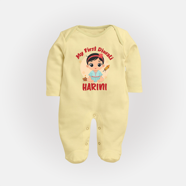 Sweet as Laddoo My First Diwali Sleep Suit | Personalized Baby Sleep Suit - PASTEL YELLOW - New Born (Chest 7.5")