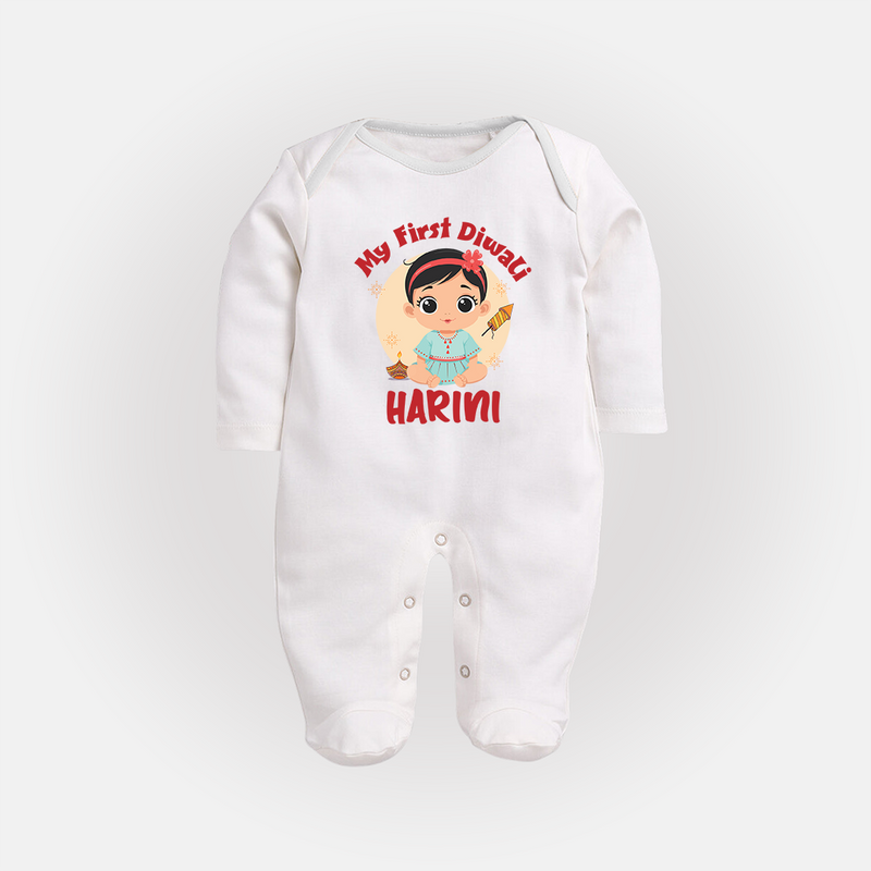 Sweet as Laddoo My First Diwali Sleep Suit | Personalized Baby Sleep Suit - WHITE - New Born (Chest 7.5")