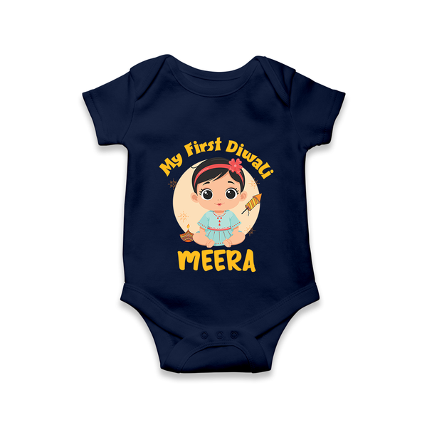 Sweet as Laddoo My First Diwali Romper | Personalized Baby Romper - NAVY BLUE - New Born (Chest 14")
