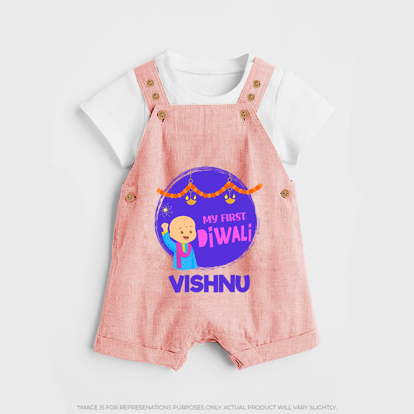 Tiny Festival Star My First Diwali Dungaree Set | Personalized Baby Outfit - PEACH - 0 - 5 Months Old (Chest 18")