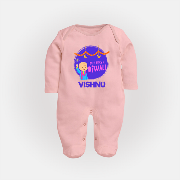 Tiny Festival Star My First Diwali Sleep Suit | Personalized Baby Outfit - BABY PINK - New Born (Chest 7.5")
