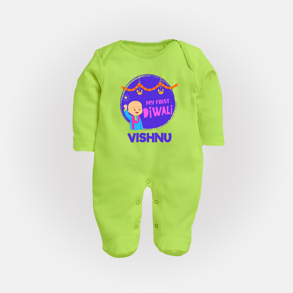 Tiny Festival Star My First Diwali Sleep Suit | Personalized Baby Outfit - LIME GREEN - New Born (Chest 7.5")