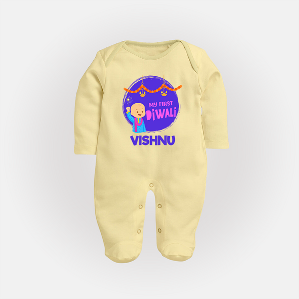 Tiny Festival Star My First Diwali Sleep Suit | Personalized Baby Outfit - PASTEL YELLOW - New Born (Chest 7.5")