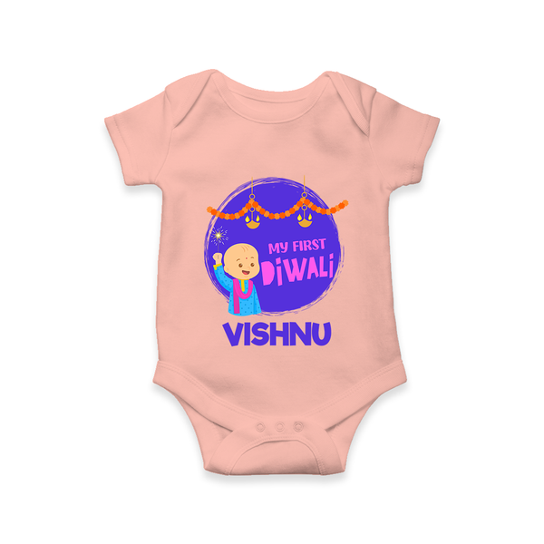 Tiny Festival Star My First Diwali Romper | Personalized Baby Outfit - PEACH - New Born (Chest 14")