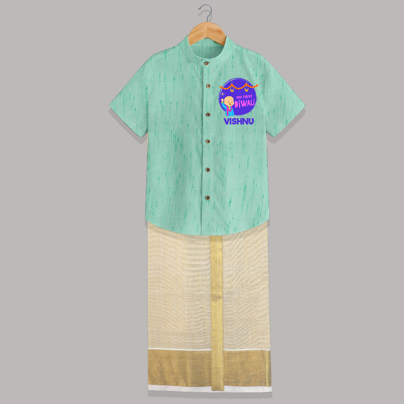 Tiny Festival Star My First Diwali Shirt And Dhoti | Personalized Baby Outfit - AQUA GREEN - 0 - 6 Months Old (Chest-23") (Dhoti length-14")