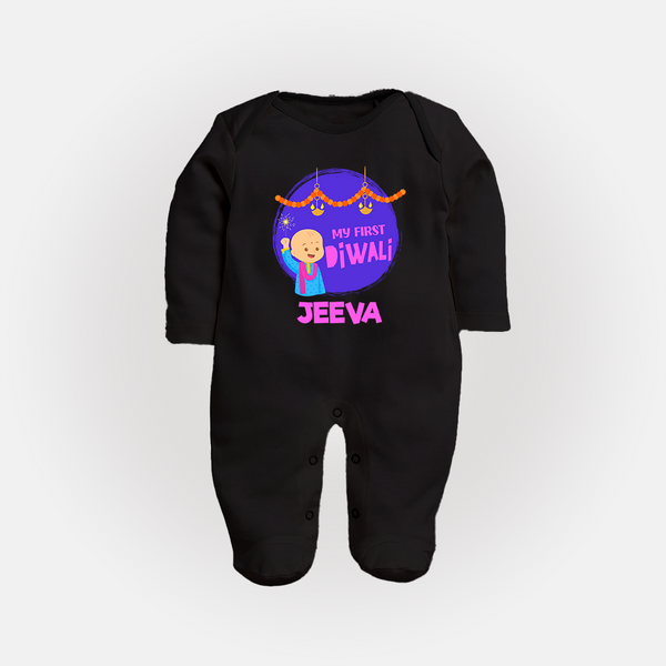 Tiny Festival Star My First Diwali Sleep Suit | Personalized Baby Outfit - BLACK - New Born (Chest 7.5")