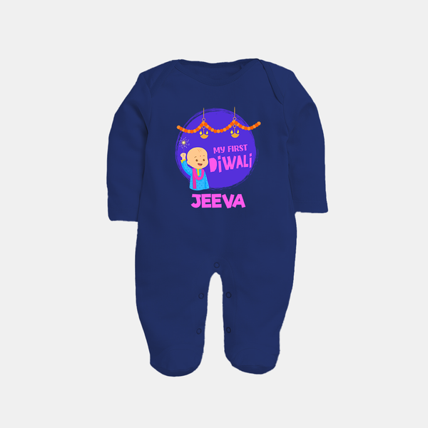 Tiny Festival Star My First Diwali Sleep Suit | Personalized Baby Outfit - NAVY BLUE - New Born (Chest 7.5")