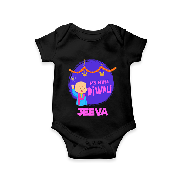 Tiny Festival Star My First Diwali Romper | Personalized Baby Outfit - BLACK - New Born (Chest 14")