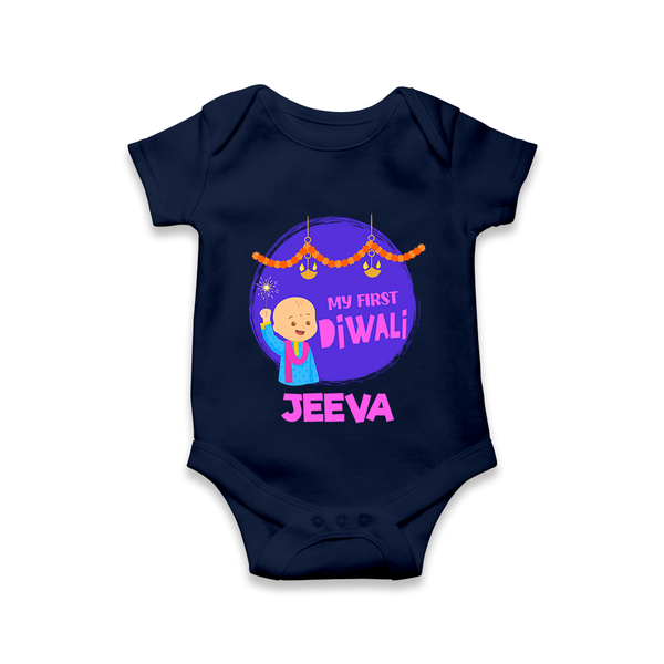 Tiny Festival Star My First Diwali Romper | Personalized Baby Outfit - NAVY BLUE - New Born (Chest 14")