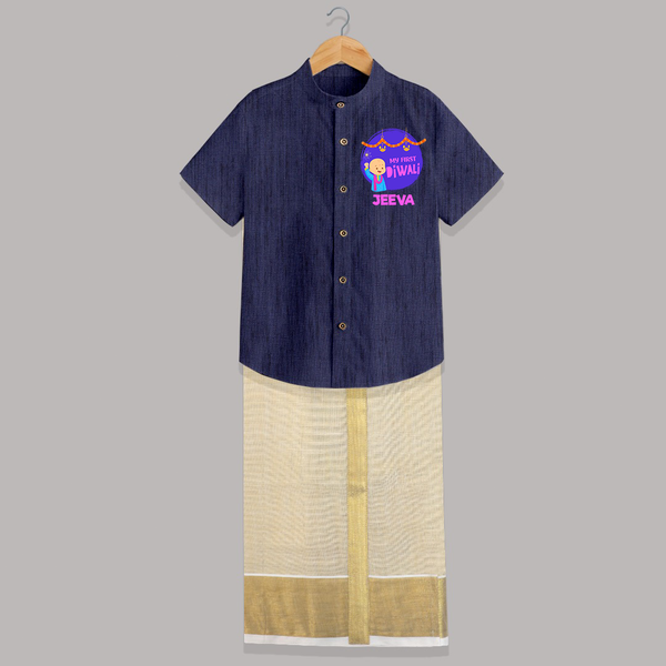Tiny Festival Star My First Diwali Shirt And Dhoti | Personalized Baby Outfit - DARK BLUE - 0 - 6 Months Old (Chest-23") (Dhoti length-14")