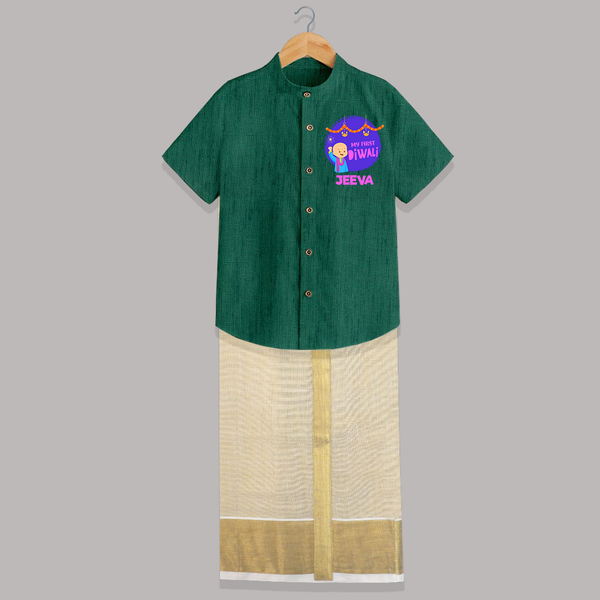 Tiny Festival Star My First Diwali Shirt And Dhoti | Personalized Baby Outfit - DARK GREEN - 0 - 6 Months Old (Chest-23") (Dhoti length-14")