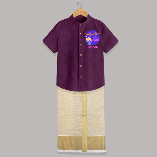 Tiny Festival Star My First Diwali Shirt And Dhoti | Personalized Baby Outfit - GRAPE - 0 - 6 Months Old (Chest-23") (Dhoti length-14")