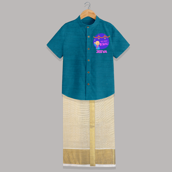 Tiny Festival Star My First Diwali Shirt And Dhoti | Personalized Baby Outfit - PEACOCK BLUE - 0 - 6 Months Old (Chest-23") (Dhoti length-14")