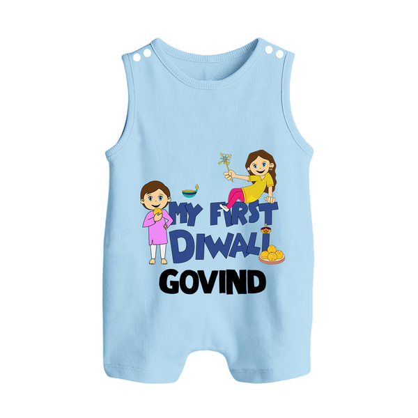 My First Diwali Fun Button Romper - BABY BLUE - New Born (Chest 18")