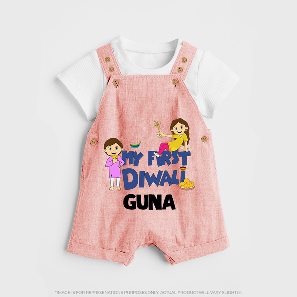 Mini Rocket on Duty My First Diwali Dungaree Set | Custom Baby Dungaree Set for Festival Fun - PEACH - 0 - 5 Months Old (Chest 18")