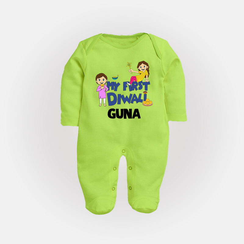 Mini Rocket on Duty My First Diwali Sleep Suit | Custom Baby Sleep Suit for Festival Fun - LIME GREEN - New Born (Chest 7.5")