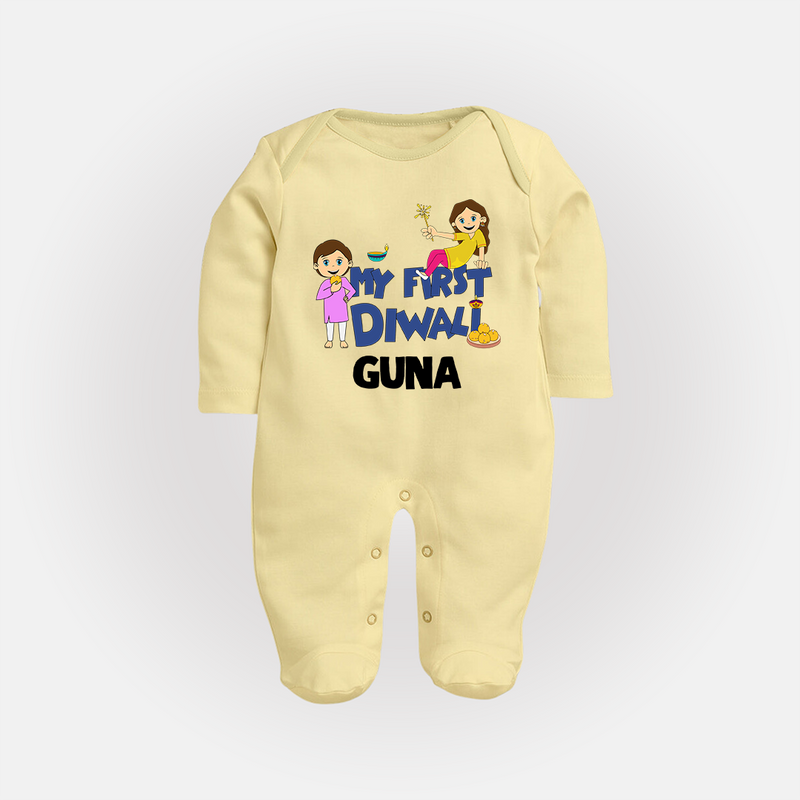 Mini Rocket on Duty My First Diwali Sleep Suit | Custom Baby Sleep Suit for Festival Fun - PASTEL YELLOW - New Born (Chest 7.5")