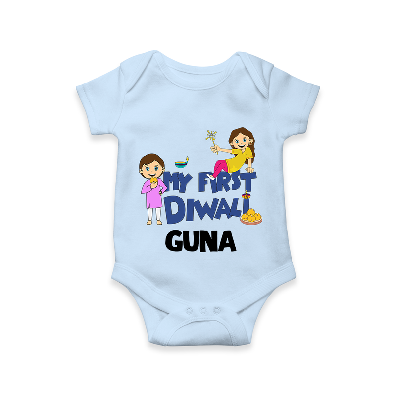 Mini Rocket on Duty My First Diwali Romper | Custom Baby Romper for Festival Fun - BABY BLUE - New Born (Chest 14")