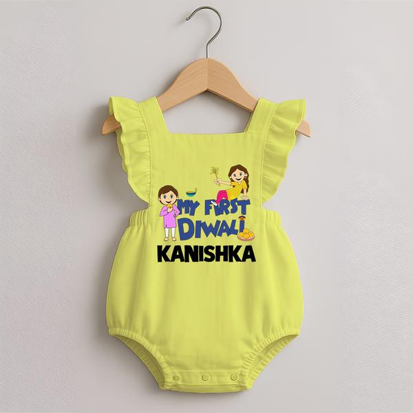 Mini Rocket on Duty My First Diwali Romper Frock | Custom Baby Romper Frock for Festival Fun - PASTEL YELLOW - 0 - 3 Months Old (Chest 19")