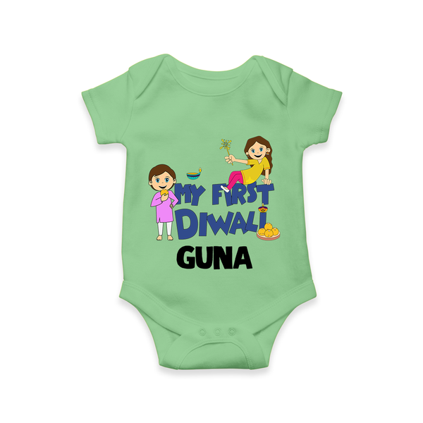 Mini Rocket on Duty My First Diwali Romper | Custom Baby Romper for Festival Fun - GREEN - New Born (Chest 14")