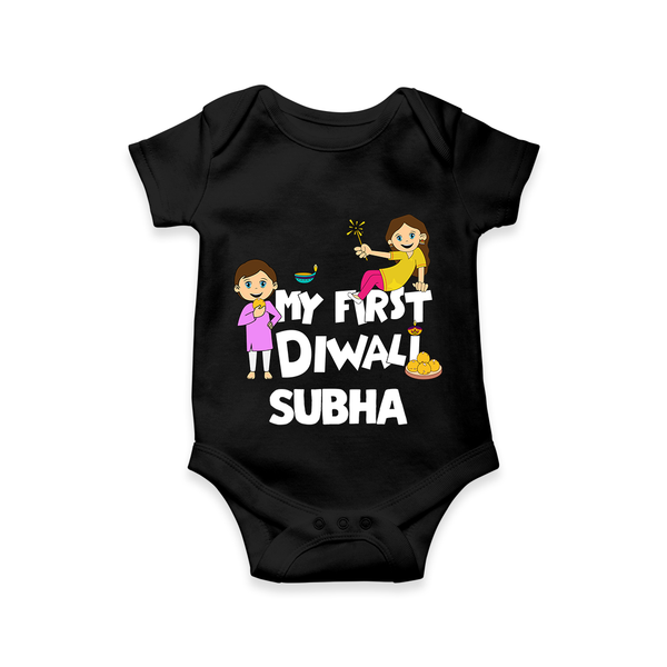 Mini Rocket on Duty My First Diwali Romper | Custom Baby Romper for Festival Fun - BLACK - New Born (Chest 14")