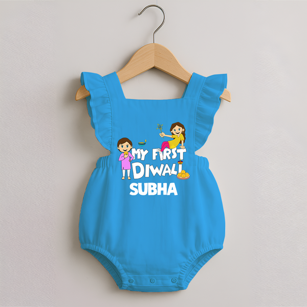 Mini Rocket on Duty My First Diwali Romper Frock | Custom Baby Romper Frock for Festival Fun - SKY BLUE - 0 - 3 Months Old (Chest 19")
