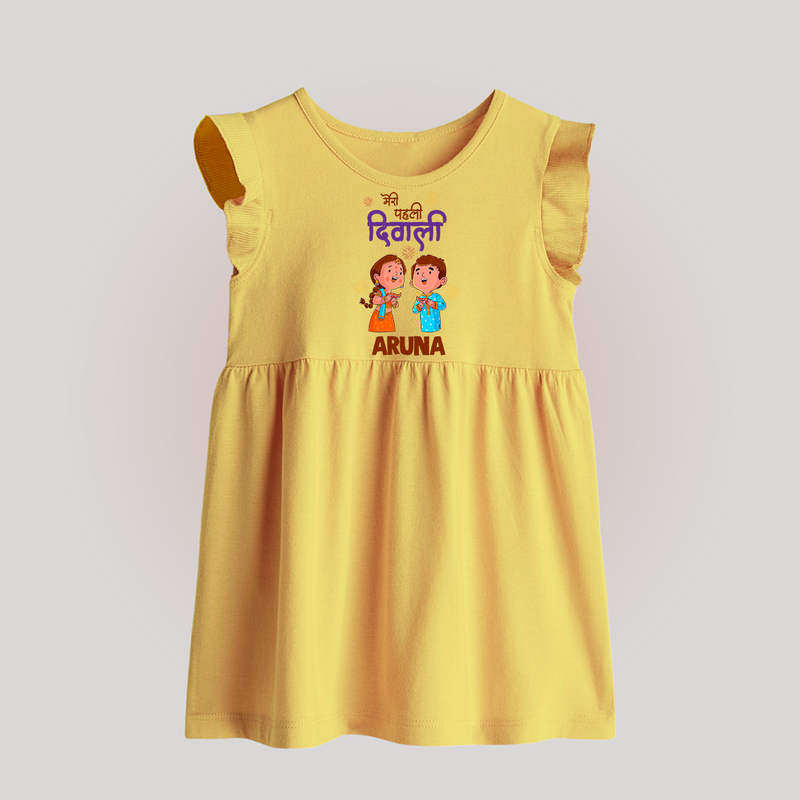 Little Deepam My First Diwali Baby Frock | Custom Baby Baby Frock for Festival Fun - PASTEL YELLOW - 0 - 3 Months Old (Chest 17")