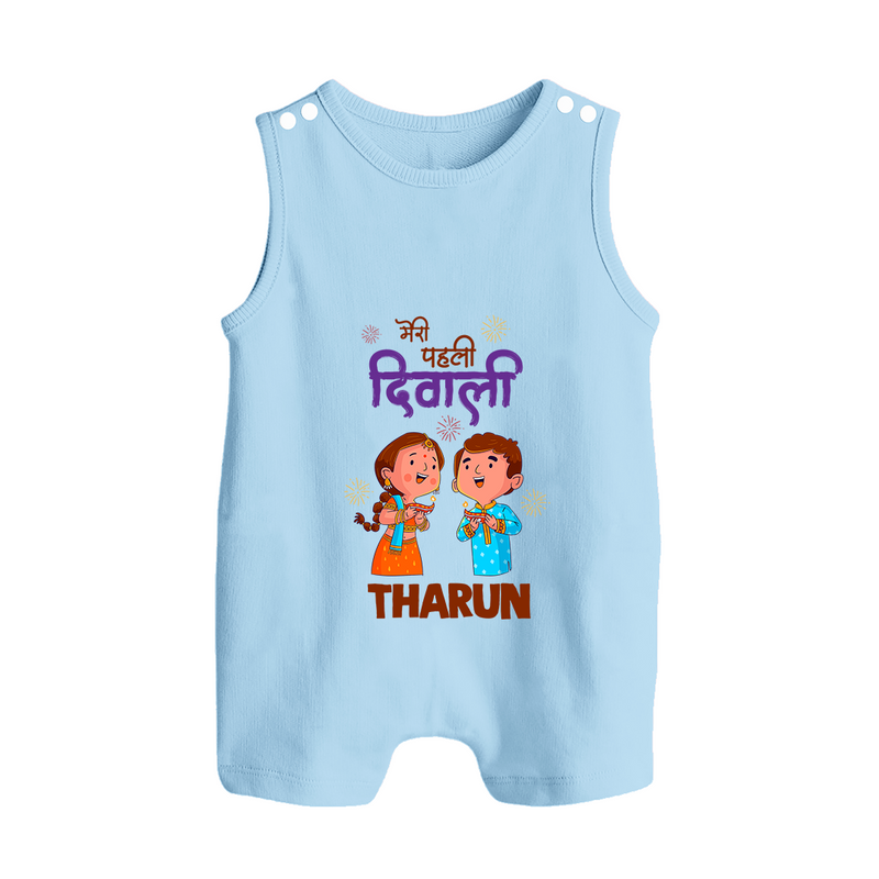 Little Deepam My First Diwali Romper Suit | Custom Baby Romper Suit for Festival Fun - BABY BLUE - 0 - 5 Months Old (Chest 18")