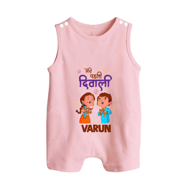 My First Diwali Blessings Button Romper - BABY PINK - New Born (Chest 18")