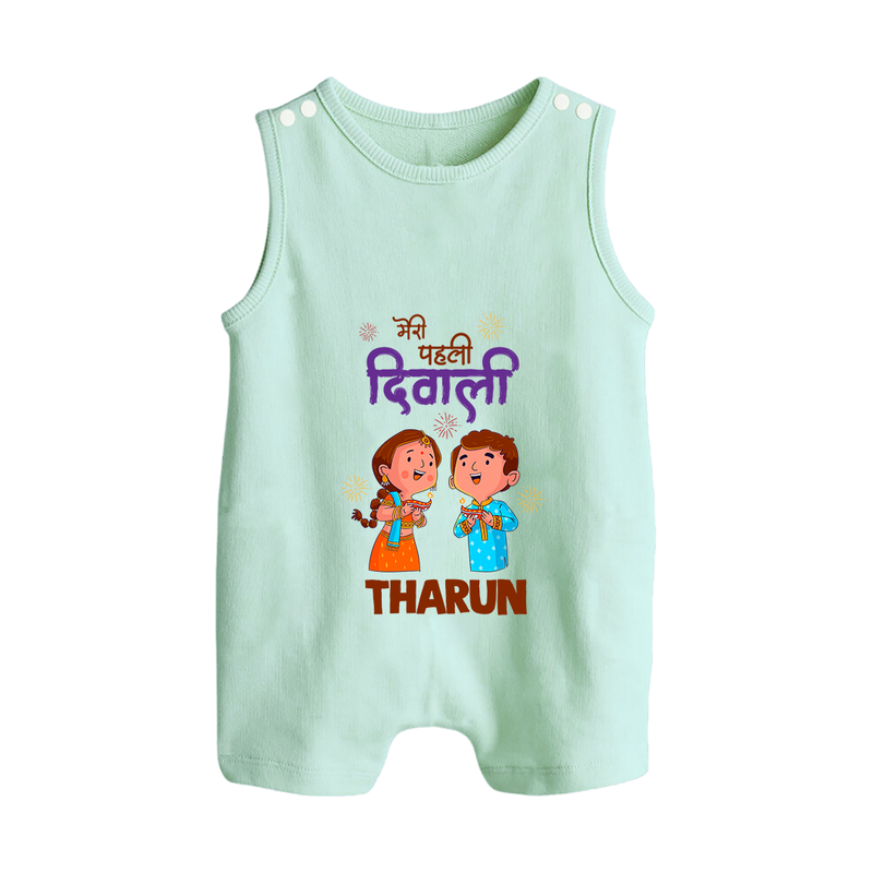 Little Deepam My First Diwali Romper Suit | Custom Baby Romper Suit for Festival Fun - MINT GREEN - 0 - 5 Months Old (Chest 18")