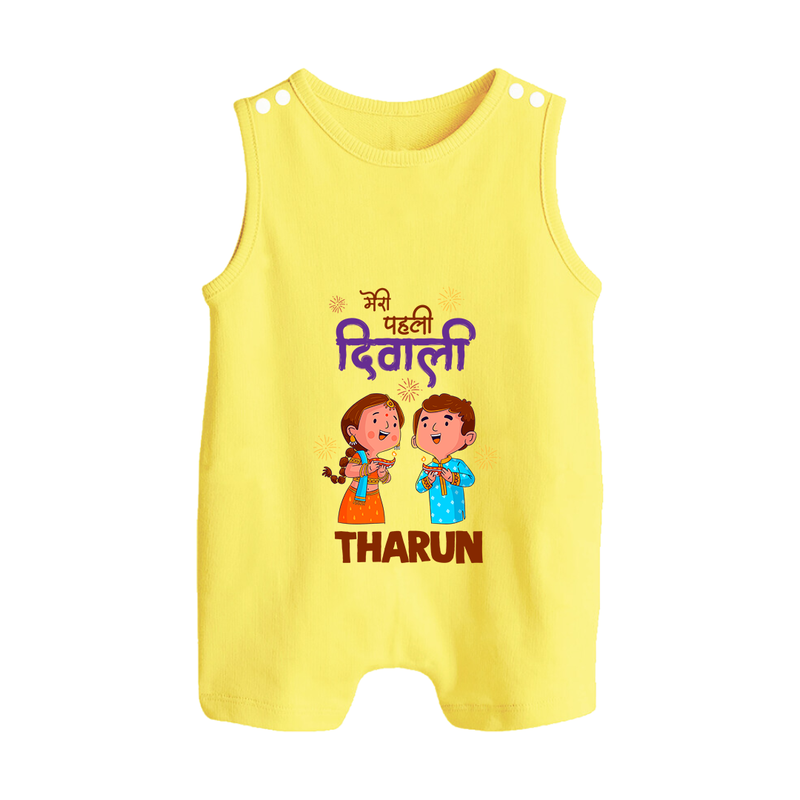 Little Deepam My First Diwali Romper Suit | Custom Baby Romper Suit for Festival Fun - PASTEL YELLOW - 0 - 5 Months Old (Chest 18")
