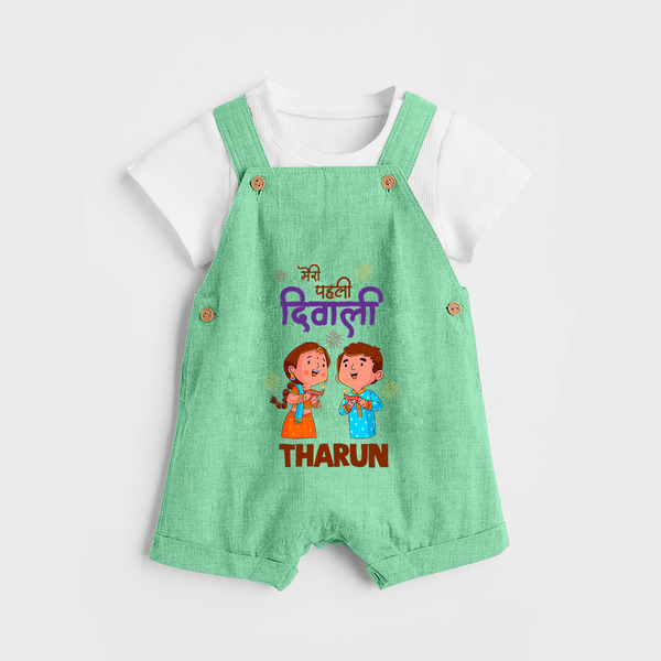 Little Deepam My First Diwali Dungaree Set | Custom Baby Dungaree Set for Festival Fun - GREEN - 0 - 5 Months Old (Chest 18")