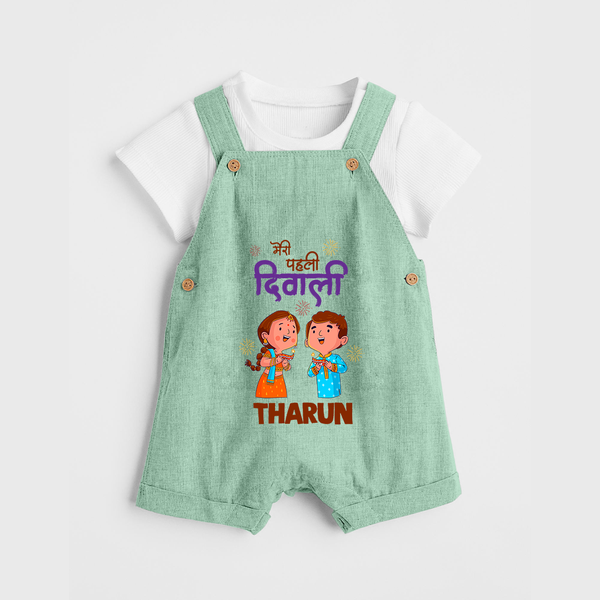 Little Deepam My First Diwali Dungaree Set | Custom Baby Dungaree Set for Festival Fun - MINT GREEN - 0 - 5 Months Old (Chest 18")