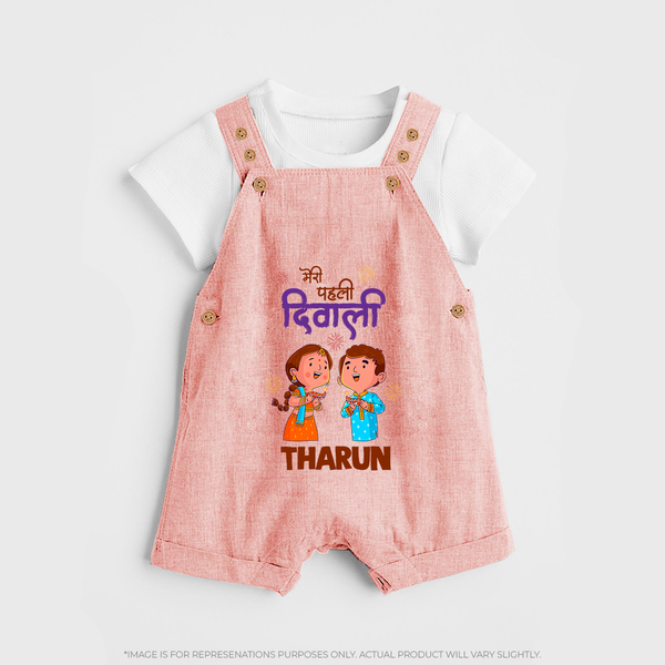 Little Deepam My First Diwali Dungaree Set | Custom Baby Dungaree Set for Festival Fun - PEACH - 0 - 5 Months Old (Chest 18")