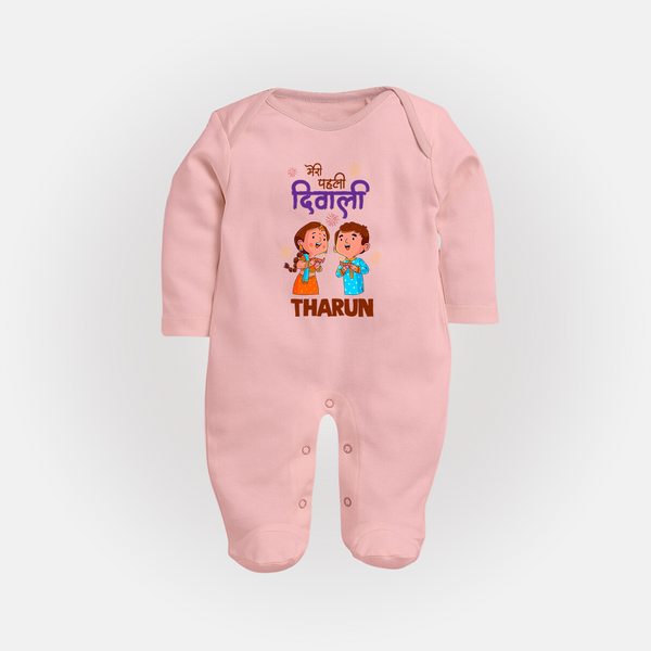 Little Deepam My First Diwali Sleep Suit | Custom Baby Sleep Suit for Festival Fun - BABY PINK - New Born (Chest 7.5")