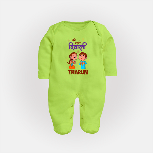 Little Deepam My First Diwali Sleep Suit | Custom Baby Sleep Suit for Festival Fun - LIME GREEN - New Born (Chest 7.5")