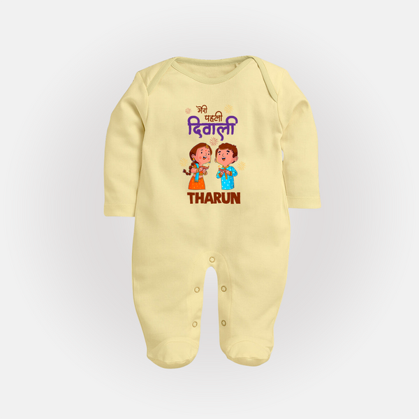 Little Deepam My First Diwali Sleep Suit | Custom Baby Sleep Suit for Festival Fun - PASTEL YELLOW - New Born (Chest 7.5")