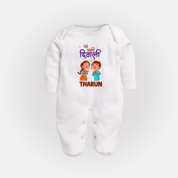 Little Deepam My First Diwali Sleep Suit | Custom Baby Sleep Suit for Festival Fun - WHITE - New Born (Chest 7.5")