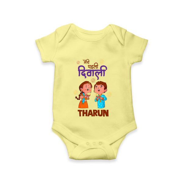 Little Deepam My First Diwali Romper | Custom Baby Romper for Festival Fun - PASTEL YELLOW - New Born (Chest 14")