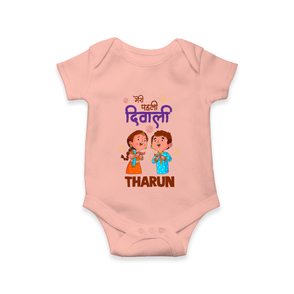 Little Deepam My First Diwali Romper | Custom Baby Romper for Festival Fun - PEACH - New Born (Chest 14")