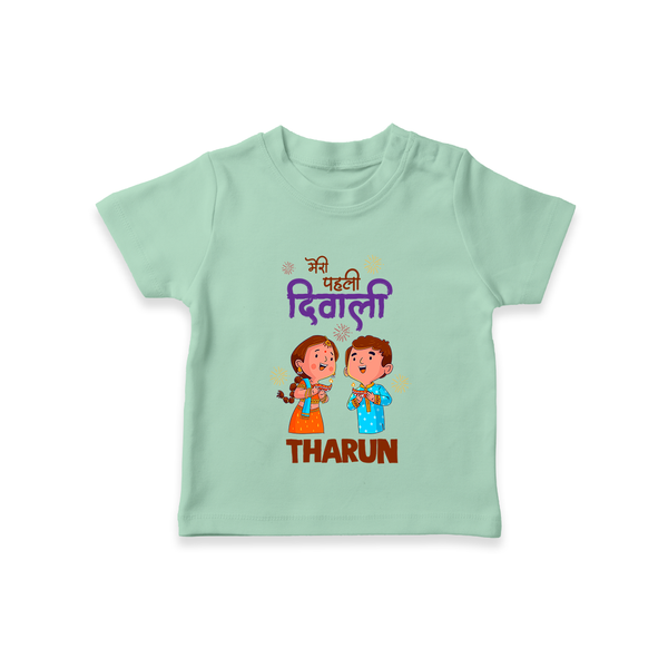 Little Deepam My First Diwali Tshirt | Custom Baby Tshirt for Festival Fun - MINT GREEN - 0-5 Months Old (Chest 17")