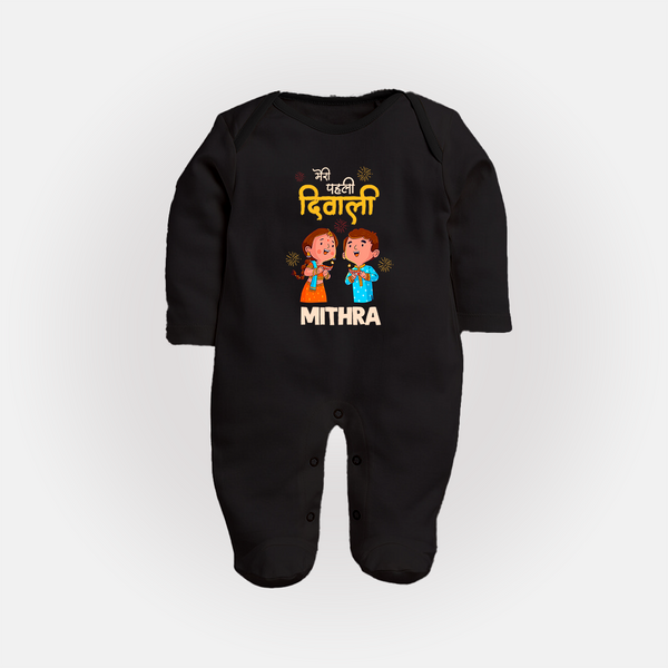 Little Deepam My First Diwali Sleep Suit | Custom Baby Sleep Suit for Festival Fun - BLACK - New Born (Chest 7.5")