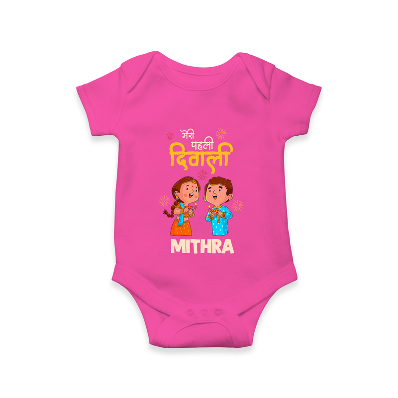 Little Deepam My First Diwali Romper | Custom Baby Romper for Festival Fun - HOT PINK - New Born (Chest 14")