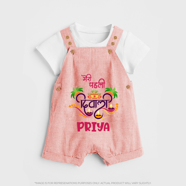 Little Big Dhamaka My First Diwali Dungaree Set | Personalized Baby Dungaree Set - PEACH - 0 - 5 Months Old (Chest 18")